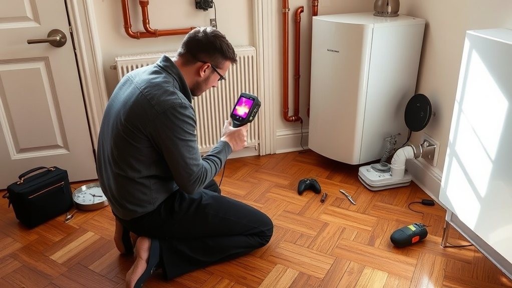 Engineer locating central heating leak using thermal imaging in Palmers Green